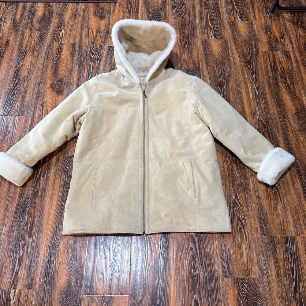 St Johns Bay Womens XL Cream Suede Leather Faux Fur Lined Hooded Parka Coat